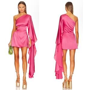 Cult Gaia Malia Pink Sangria Air Satin One Shoulder Bell Sleeve Mini Dress Sz L